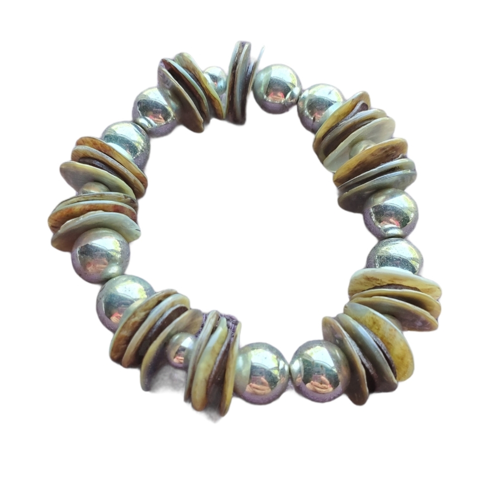 Silver Bead and Shell Stretch Bracelet
